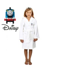 Blue Train Cartoon Design & Custom Name Embroidery on Kids Hooded Bathrobe